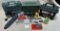 LOT OF SHOTGUN AND PISTOL AMMO, GUN CASE, PLASTIC AMMO BOXES, ELECTRONIC SIGHT