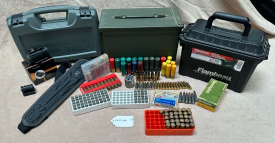 LOT OF SHOTGUN AND PISTOL AMMO, GUN CASE, PLASTIC AMMO BOXES, ELECTRONIC SIGHT