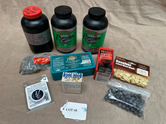 LOT OF MUZZLELOADING PROPELLANT, PISTOL PELLETS, 44CAL BALLS FOR MUZZLELOADING