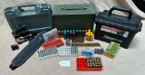 LOT OF SHOTGUN AND PISTOL AMMO, GUN CASE, PLASTIC AMMO BOXES, ELECTRONIC SIGHT