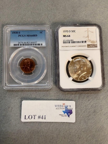 PCGS MS66 1938-S PENNY & GRADED MS 64 1970 HALF DOLLAR