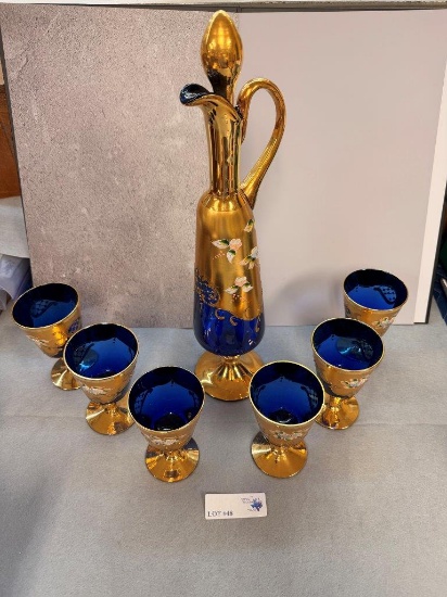 COBALT BLUE GOLD-PLATED WINE DECANTER W/ 6 GLASSES
