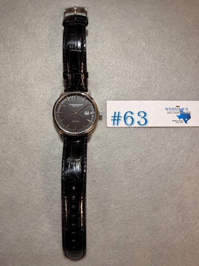 STUHRLING QUARTZ RASA DATE BLACK EMBOSSED LEATHER STRAP MENS WATCH