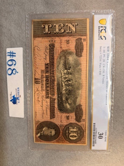 1864 GRADED $10 DOLLAR CONFEDERATE NOTE