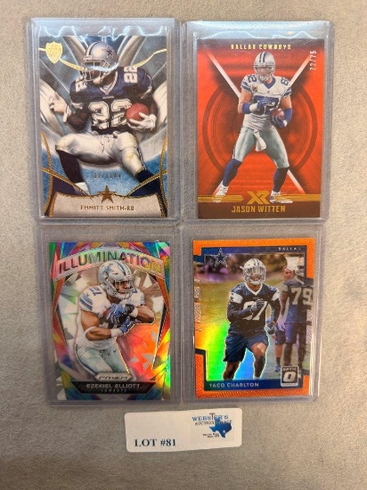 (4) COWBOYS CARDS EMMIT SMITH 17/144, EZEKIAL ELLIOT, TACO CHARLTON 156/199, JASON WITTEN 72/75