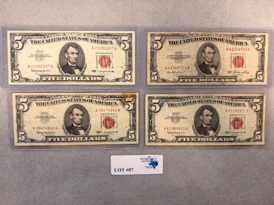 (1) 1953 $5 RED SEAL, (3) 1963  $5 RED SEAL NOTES