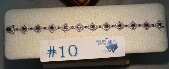 STERLING SILVER BRACELET W/ LAB CREATED RUBIES & DIAMONDS