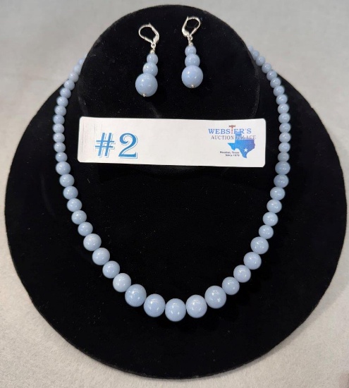 ANGELITE CABOCHON BEAD STERLING SILVER NECKLACE & EARRINGS