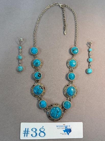 STERLING SILVER & TURQUOISE NECKLACE & EARRINGS