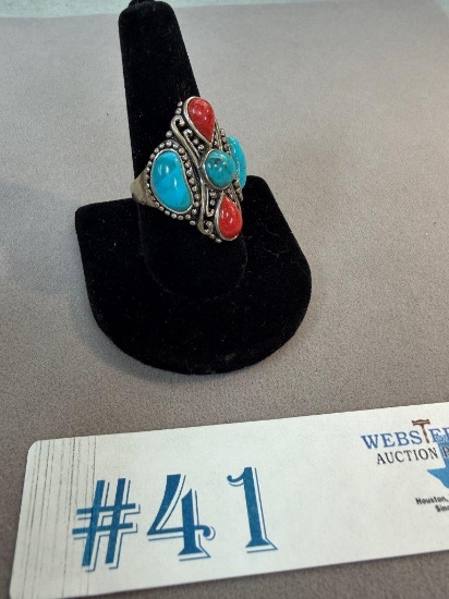 STERLING SILVER RING W/ TURQUOISE & CORAL STONES