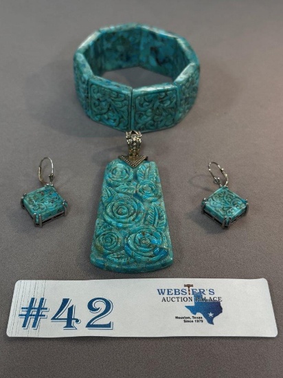 3PC CARVED TURQUOISE & STERLING JEWELRY SET