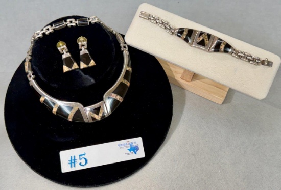 SET OF VINTAGE STERLING SILVER W/ INLAID BLACK ONYX, JASPER & TIGER'S EYE NECKLACE W/ EXTENDER, BRAC