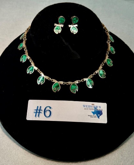 STERLING SILVER & MALACHITE NECKLACE & EARRINGS