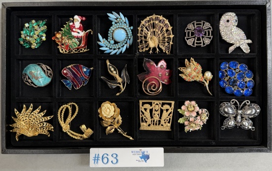 18PC VINTAGE BROACHES SOME STERLING SILVER