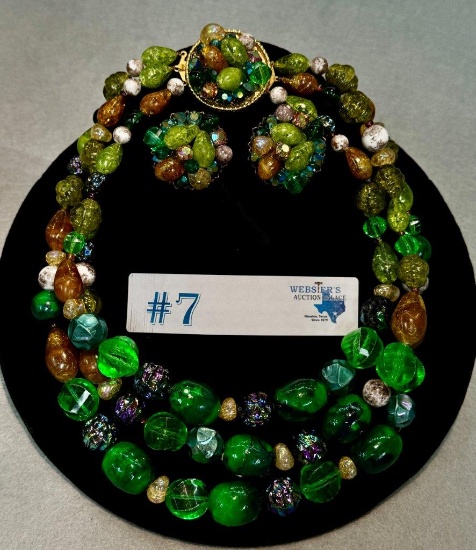 VINTAGE MULTI-COLORED GLASS BEADED NECKLACE & CLIP-ON EARRINGS