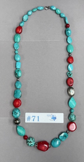 LARGE TURQUOISE & CORAL NECKLACE W/ STERLING SILVER
