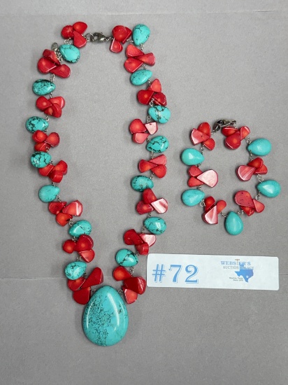 TURQUOISE & CORAL STERLING NECKLACE & BRACELET SET