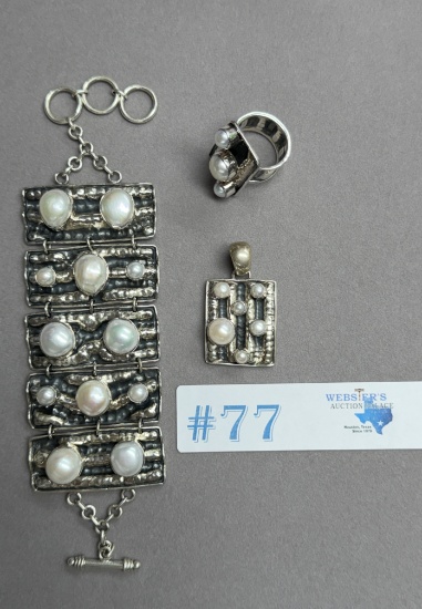 3PC SET OF STERLING & FRESHWATER PEARL BRACELET, RING & PENDANT