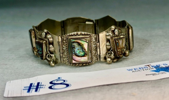 ANTIQUE STERLING SILVER & ABALONE PANEL LINK BRACELET