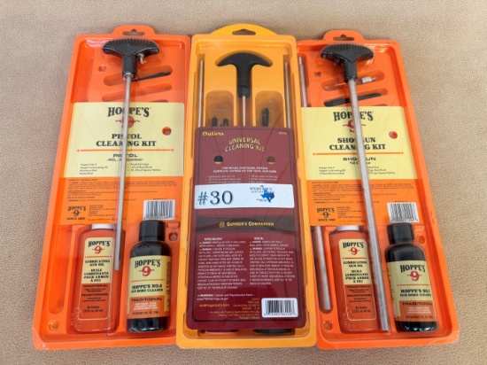 (3) NEW HOPPE'S PISTOL & UNIVERSAL CLEANING KITS