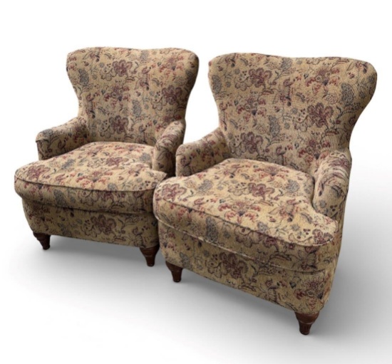 PAIR OF UPHOLSTERED WING-BACK CHAIRS