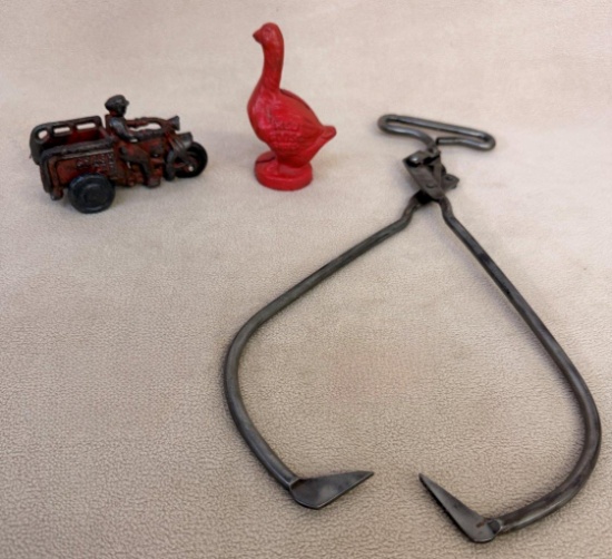 ANTIQUE AMERICAN ICE CO. ICE HOOK, CAST-IRON CRASH CAR, & RED GOOSE SHOES BANK
