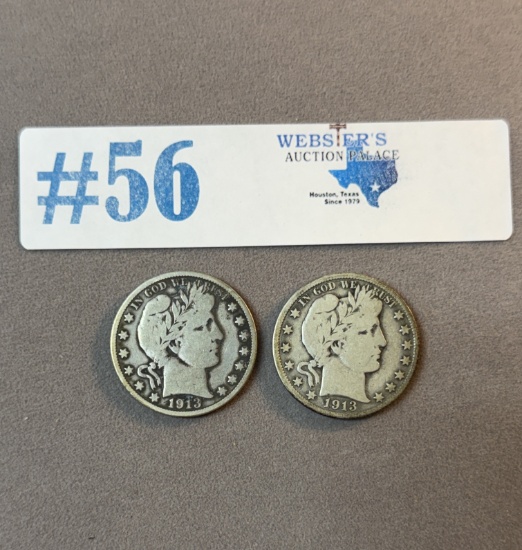 (2) 1913-S BARBER HALF-DOLLARS