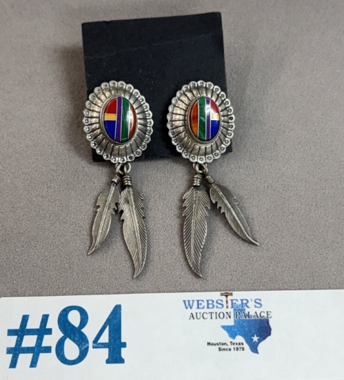 VINTAGE SOUTHWESTERN-STYLE STERLING SILVER EARRINGS W/ MULTI-STONE INLAYS