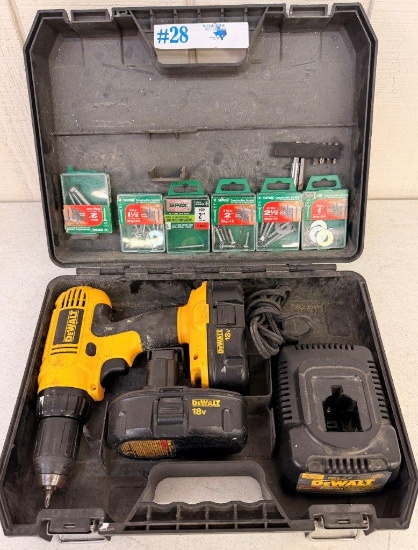 DEWALT 18V DRILL W/ 2 BATTERIES, CHARGER & HARD CASE