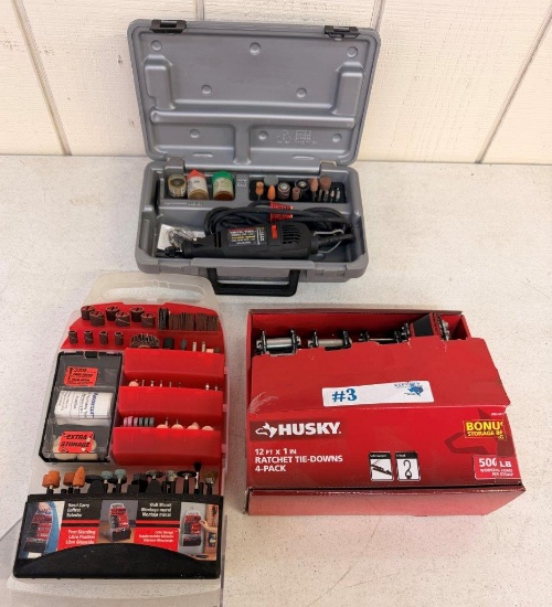 DREMEL W/ EXTRA ATTACHMENTS & NEW HUSKY RATCHET TIE-DOWNS