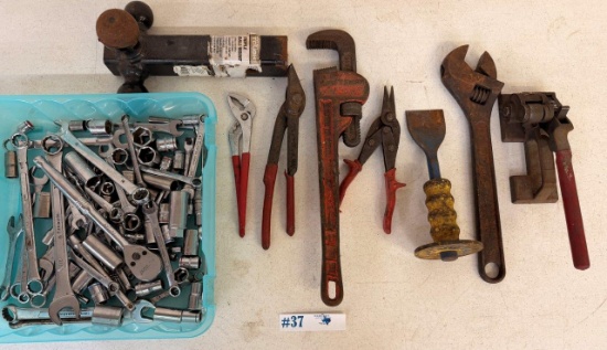 LOT OF WRENCHES, SOCKETS, TRIPLE BALL MOUNT, HAND TOOLS