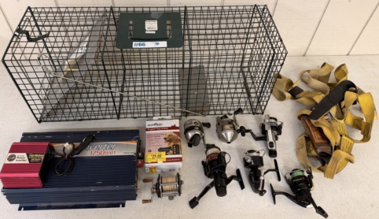 NEW ANIMAL TRAP, POWER & A/C INVERTER, NEW DOG TRAINING COLLAR, REELS, STRAPS