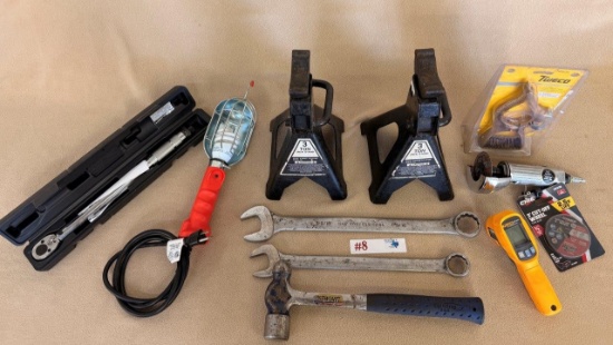 JACK STANDS, WORK LIGHT, WRENCHES, HAMMER, CUT-OFF WHEELS