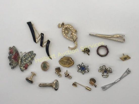 Assorted Costume Jewelry Broaches, Pins, and Tie Tacks