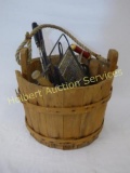 Wooden Bucket With Assorted Vintage Kitchen Tools