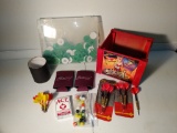 Darts, cards, marbles, plastic gaming chips