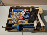 Liquid nail, caulk gun, wood putty, and brushes