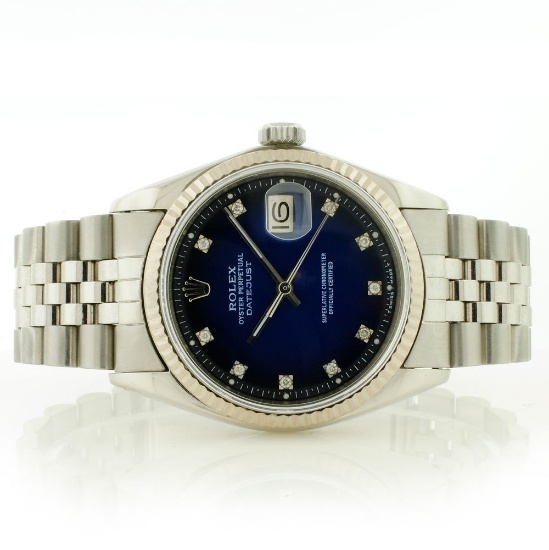 Rolex 36MM SS & 18K DateJust Blue Vignette Diamond