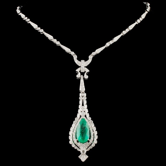 18K Gold 6.50ct Emerald & 2.74ctw Diamond Necklace