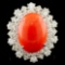 14K Gold 5.47ct Coral & 1.82ctw Diamond Ring