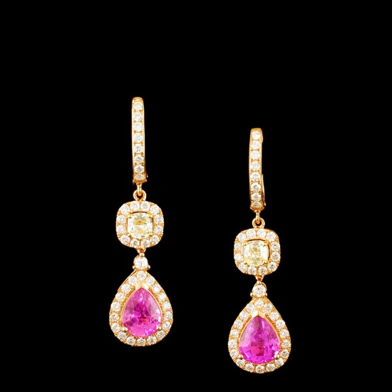 18k Gold 4.14ct Pink Sapphire & 2.39ct Fancy Diamo