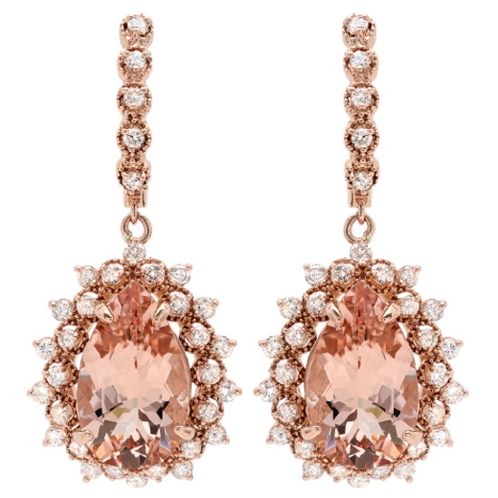 14K Gold 12.00ct Morganite & 1.90ct Diamond Earrin