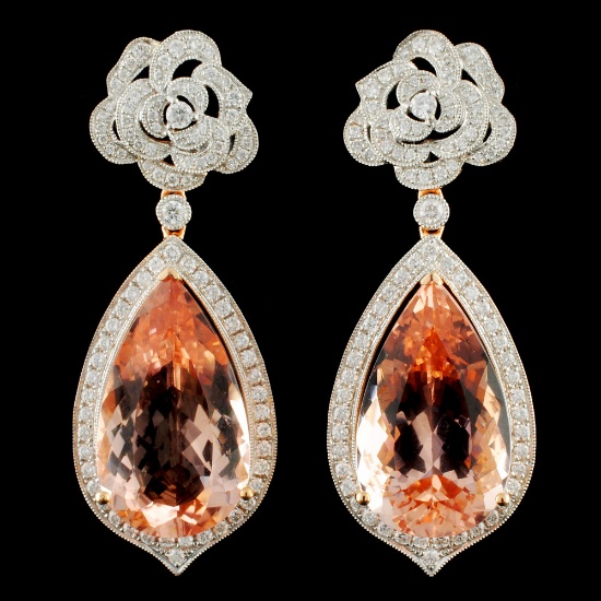 18K Gold 16.88ctw Morganite & 1.30ctw Diamond Earr