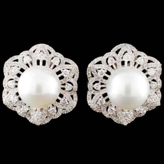 18K Gold 11MM Pearl & 1.85ctw Diamond Earrings