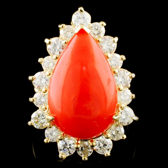 14K Gold 5.96ct Coral & 1.84ctw Diamond Ring