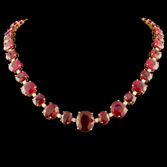 14K Gold 158.00ctw Ruby & 1.45ctw Diamond Necklace