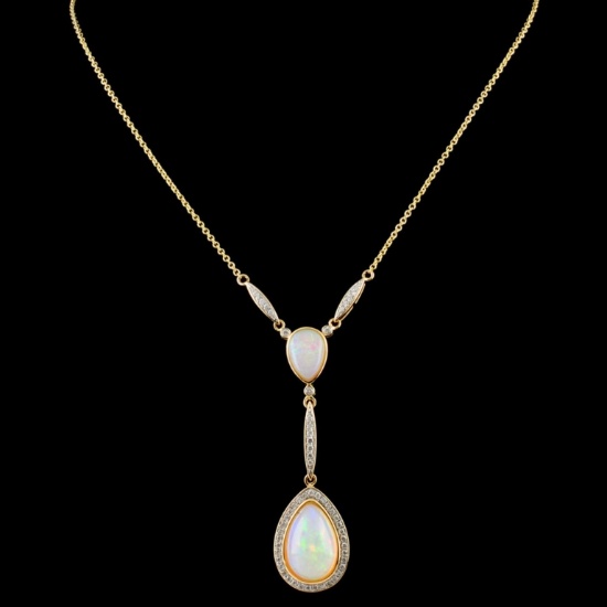 14K Gold 7.55ct Opal & 0.66ctw Diamond Necklace