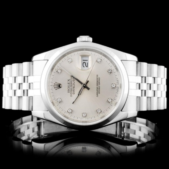 Rolex SS DateJust 36mm Silver Diamond Wristwatch