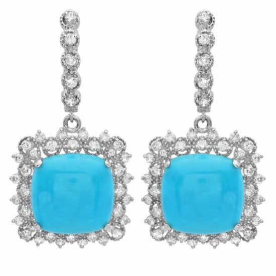 14K Gold 14.50ct Turquoise & 1.50ct Diamond Earrin