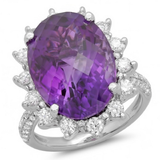 14K Gold 12.00ct Amethyst & 1.15ct Diamond Ring